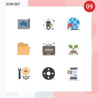 Gruppe von 9 flachen Farbzeichen und Symbolen für Gepäck Open Token Folder Travel editierbare Vektordesign-Elemente vektor