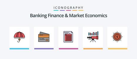 bank finansiera och marknadsföra ekonomi linje fylld 5 ikon packa Inklusive planen. kalender. dollar. företag. schema. kreativ ikoner design vektor