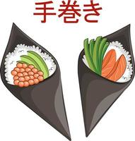 japansk kök, uppsättning av asiatisk mat. för restaurang menyer och affischer. leverans webbplatser vektor platt illustration isolerat på vit bakgrund. sushi rullar onigiri soja sås uppsättning. stock bild