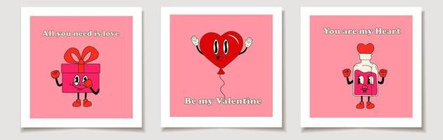 satz von valentinstagkarten mit einem satz von drei karikaturmaskottchencharaktertrank, ballon, geschenkliebe, valentinstag. vektor