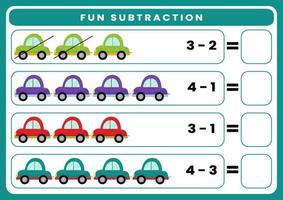 utbildning spel för barn roligt subtraktion förbi räkning söt tecknad serie transport. tryckbar kalkylblad vektor