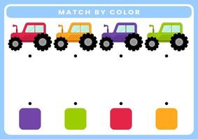 Bildungsspiel für Kinder, schneiden und passen Sie die gleiche Farbe des Cartoon-Transports an vektor