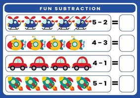 Bildungsspiel für Kinder Spaßsubtraktion durch Zählen des niedlichen Cartoon-Transports. druckbares Arbeitsblatt vektor