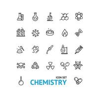 Chemielabor Zeichen schwarze dünne Linie Symbolsatz. Vektor