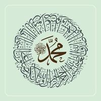 kreisförmige arabische Kalligraphie, al quran surah al ahzab vers 56, übersetzung wahrlich allah und seine engel beten für den propheten. vektor