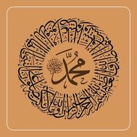 cirkulär arabicum kalligrafi, al quran surah al ahzab vers 56, översättning i sanning allah och hans änglar be för de profet. vektor