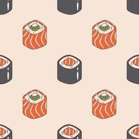 vektor sömlös mönster med philadelphia sushi rulla och maki sushi i retro stil. bakgrund med sushi rullar 70-tal. häftig asiatisk mat.