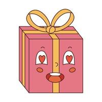 vektor gåva låda med hjärta formad ögon i y2k stil. Lycklig valentines dag. retro rosa närvarande med gul rosett och band. gåva karaktär 70-tal.