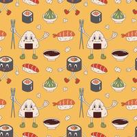 Vektornahtloses Muster mit Sushi, Wasabi, Sojasauce und Onigiri-Maskottchen im Retro-Stil. Sushi-Rollen auf gelbem Hintergrund der 70er Jahre. fetziges asiatisches essen. vektor