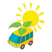 Isometrischer Vektor des Öko-Transportsymbols. gelbes auto mit grünem zweig unter sonnensymbol