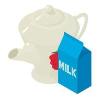 Isometrischer Vektor der Milchtee-Ikone. Teekanne aus weißem Porzellan und Karton mit frischer Milch