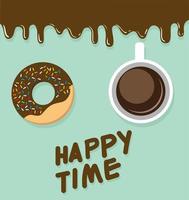 Donuts und tropfender Schokoladenrand, glücklicher Zeittext vektor