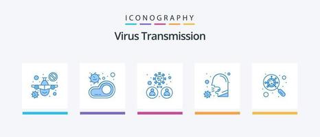 Virusübertragung blau 5 Icon Pack inklusive Glas. Erkrankung. Bakterien. Gesundheitswesen. husten. kreatives Symboldesign vektor