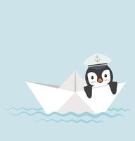 niedlicher Pinguin in der Matrosenmütze, die im Papierboot schwimmt vektor