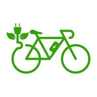 ekologi cykel på elektrisk kraft med plugg och blad silhuett ikon. eco elektricitet stad transport tecken. grön energi cykel symbol. miljö bevarande. isolerat vektor illustration.