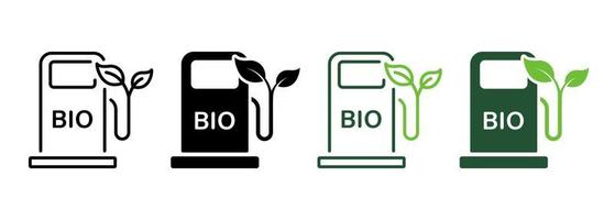 bio energi station linje och silhuett ikon Färg uppsättning. ekologi diesel station. organisk olja i bensin pump symbol på vit bakgrund. naturlig biobränsle alternativ gas. isolerat vektor illustration.