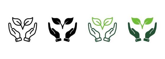 hand håll organisk blad linje och silhuett ikon uppsättning. groende eko-jordbruk piktogram. odling grönska ekologi växt symbol samling på vit bakgrund. isolerat vektor illustration.