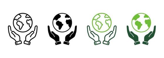 Weltumwelterhaltungslinie und Silhouetten-Icon-Set. hand halten planet erde piktogramm. mensch schützt umweltnatursymbolsammlung auf weißem hintergrund. isolierte Vektorillustration. vektor