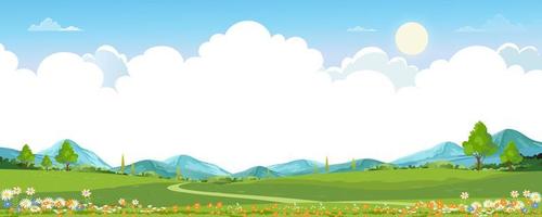 frühlingsgrüne felder landschaft mit bergen, blauem himmel und wolkenhintergrund, panorama friedliche ländliche natur im frühling mit grünem grasland. karikaturvektorillustration für frühlings- und sommerbanner vektor