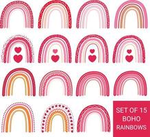 Set mit 15 Boho-Regenbögen. Sammlung von 15 abstrakten, dekorativen Boho-Regenbögen mit Herzen, Punkten, Mustern, die sich am besten für jedes Design eignen, am besten für Valentinstag, Romantik, Liebe, Print-on-Demand-Designs