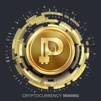 Mining-Peercoin-Kryptowährungsvektor. goldene münze, digitaler stream. futuristisches Geld. Fintech-Blockchain. Verarbeitung binärer Datenarrays. kryptografie, illustration der finanztechnologie vektor