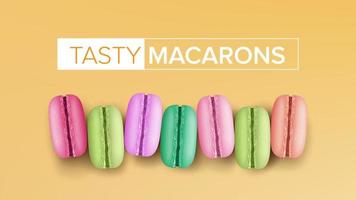 realistischer Macarons-Vektor. Ansicht von oben. süße französische makronen auf gelber hintergrundillustration. vektor