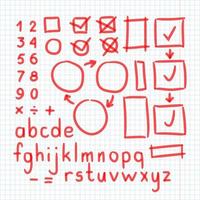 Marker handgeschriebener Doodle-Symbolvektor. Buchstaben, Zahlen, mathematische Symbole vektor