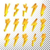 3d blixt- ikoner vektor uppsättning. tecknad serie gul blixt- isolerat illustration. blixt piktogram. blixt- bult ikoner