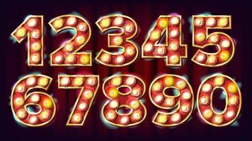 1, 2, 3, 4, 5, 6, 7, 8, 9, 0 Zahlen setzen Vektor. Schriftart Festzelt Lichtzeichen. realistische retro-glanzlampe. 3D elektrisch leuchtende Ziffer. vintage beleuchtetes licht. Casino-Stil. Alphabet-Abbildung vektor