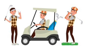 golf spelare manlig vektor. slå golf boll. spelar man. annorlunda poserar. tecknad serie karaktär illustration vektor