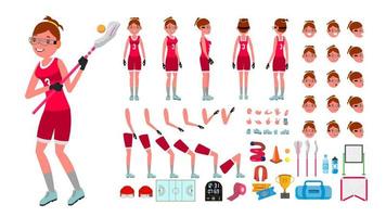 weiblicher vektor des lacrosse-spielers. Zeichenerstellungsset für animierte Charaktere. Lacrosse für Mädchen. Spielerin. Ganzkörperansicht, Front, Seite, Accessoires, Posen, Gesichtsgefühle, Gesten. isolierte flache karikaturillustration