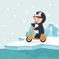 Junge im Pinguinkostüm, der Roller in der Arktis reitet vektor