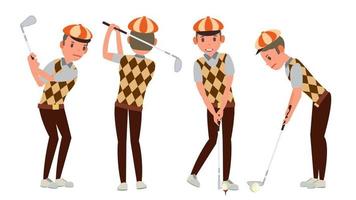 klassisk golf spelare vektor. gunga skott på kurs. olika poserar. platt tecknad serie illustration vektor