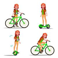 jugendlich Mädchen, das hoverboard, Fahrradvektor reitet. sportliche Aktivität im Freien in der Stadt. Kreiselroller, Fahrrad. umweltfreundlich. gesunder Lebensstil. isolierte Abbildung vektor