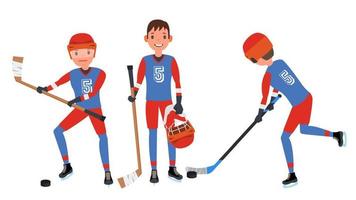 klassischer Eishockeyspieler-Vektor. einstellen. Wettbewerbsspielkonzept. isoliert auf weißer zeichentrickfigur illustration vektor