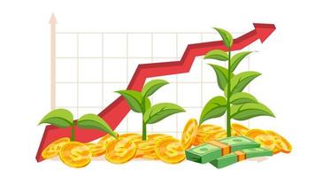 Startup-Wachstumskonzeptvektor. Baum wächst auf goldenen Münzen. Wachstumsdiagramm. Erfolg Ziel erreichen. grüne Pflanze. Investitionsanalyse. Finanzbericht. isolierte flache illustration vektor