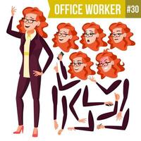 kontor arbetstagare vector.woman. framgångsrik officer, kontorist, tjänare. vuxen företag kvinna. ansikte känslor, olika gester. animering uppsättning. isolerat platt tecknad serie illustration vektor