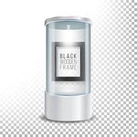 transparent glas museum monter podium med mörk trä- bild ram mall, strålkastare och gnistor. falsk upp kapsel låda för utställning och visa din produkt. vektor transparent illustration