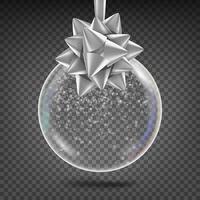 transparent jul boll vektor. skinande glas xmas träd leksak med snöflinga och silver- rosett. ny år högtider dekoration element. 3d realistisk. isolerat på transparent bakgrund illustration vektor