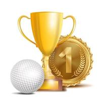 Golf-Award-Vektor. Sport-Banner-Hintergrund. weißer Ball, goldener Siegerpokal, goldene Medaille für den 1. Platz. 3d realistische isolierte Abbildung vektor