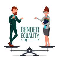 Vektor der Gleichstellung der Geschlechter. Mann und Frau. auf einer Waage stehen. Gleichberechtigung. isolierte flache karikaturillustration