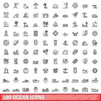 100 Ozeansymbole gesetzt, Umrissstil vektor
