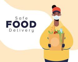Banner für sichere Lebensmittellieferung mit Arbeitern und Lebensmitteln vektor