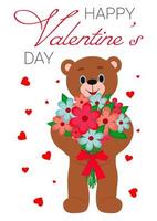 Vektor-Illustration. postkarte glücklicher valentinstag. Teddybär mit einem Blumenstrauß. vektor