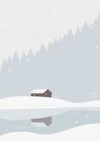 vinter- landskap hus i vild skog illustration affisch. snöig panorama, minimalistisk vägg dekor. vektor konst skriva ut