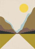 vektor minimalistische ästhetische landschaften mit bergen und straßen. Boho-Wanddruckdekor im flachen Stil. Moderne minimalistische Kunst und Design der Mitte des Jahrhunderts