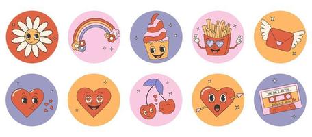 trendiges Comic-Groovy-Valentinstag-Sticker-Set. süße und lustige Charaktere. Retro-Valentinstag. Ästhetik der 70er 60er. vektor