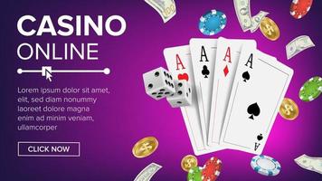 kasino poker design vektor. uppkopplad kasino tur- bakgrund begrepp. poker kort, pommes frites, spelar hasardspel kort. realistisk illustration vektor