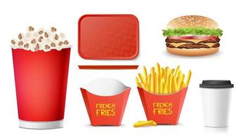 3D-Fast-Food-Vektor. leckerer burger, hamburger, pommes, soda, kaffee, pappbecher, tablett, popcorn. isolierte Abbildung vektor