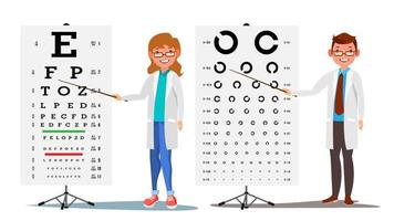 oftalmologi läkare uppsättning vektor. kvinna, manlig. medicinsk öga diagnostisk. öga testa Diagram i klinik. diagnostisk av myopi. medicin begrepp. isolerat platt tecknad serie illustration vektor